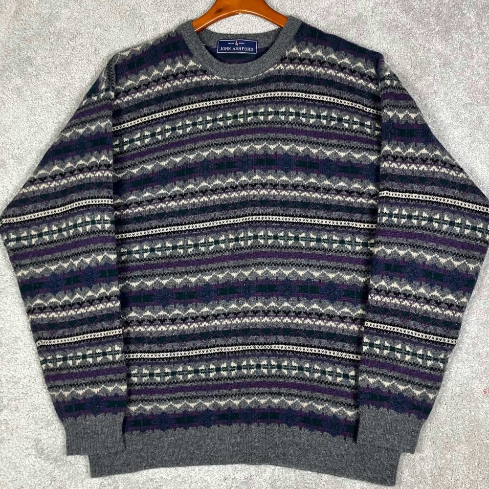 Vintage Sweater Mens Medium Gray Fair Isle Striped 100% Lambswool Crewneck